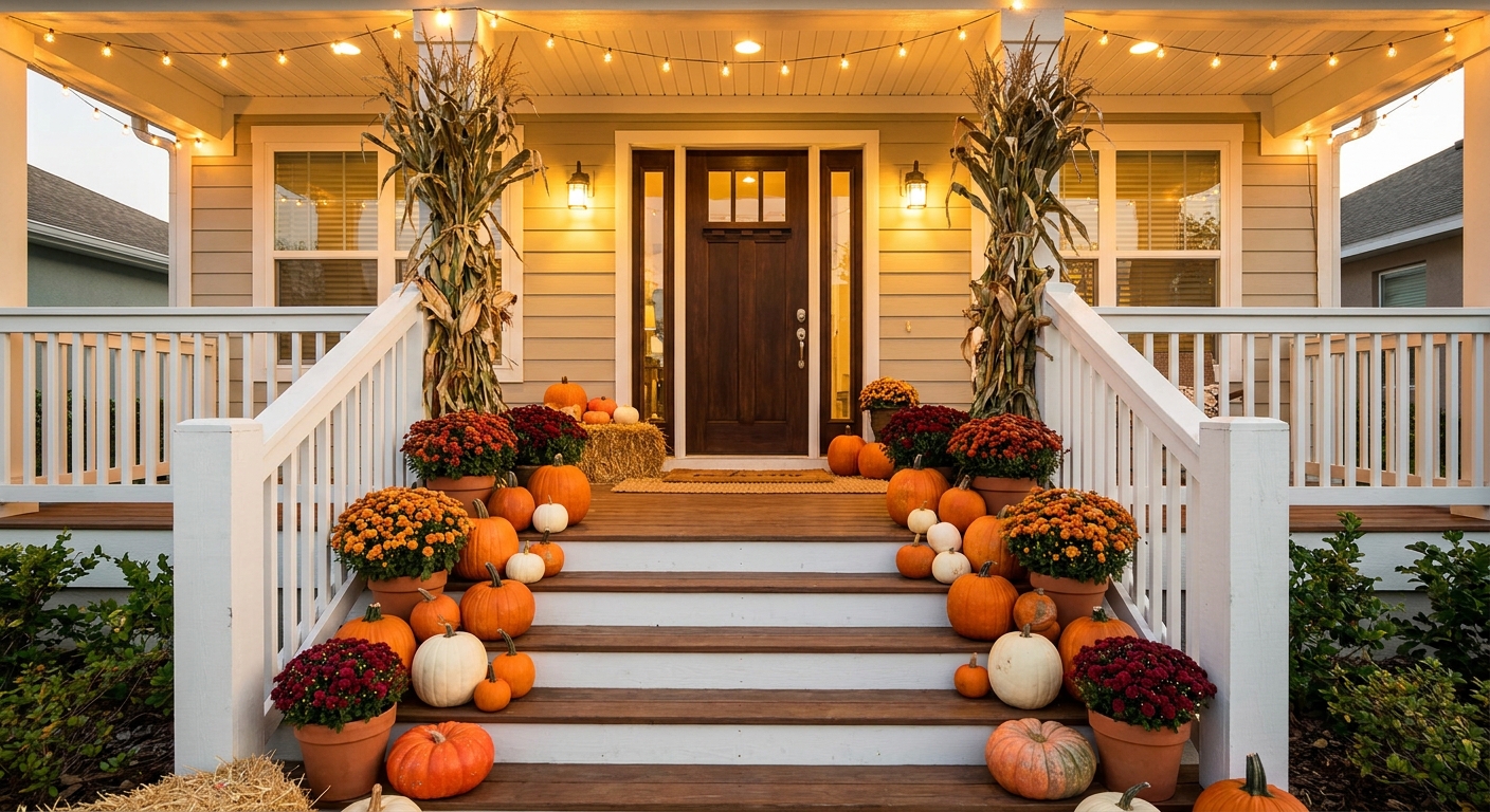 AI-generated preview: a Tampa Bay front porch styled with a full tiered pumpkin display, mums, cornstalks, straw bale, and warm string lights at dusk